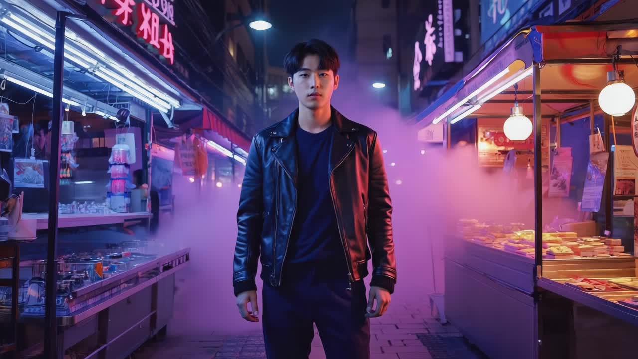 Man in Leather Jacket in Neon Lit Street at Night