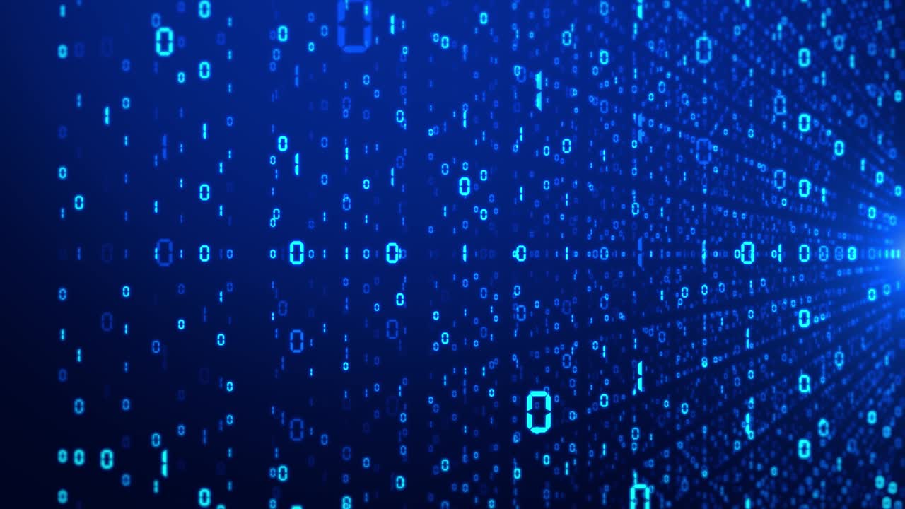 el ciberespacio futurista abstracto de partículas de código binario azul en el fondo del bucle.