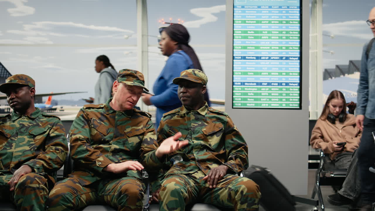 Soldati dell'esercito multietnici che chiacchierano in aeroporto, in attesa che si apra il gate d'imbarco.