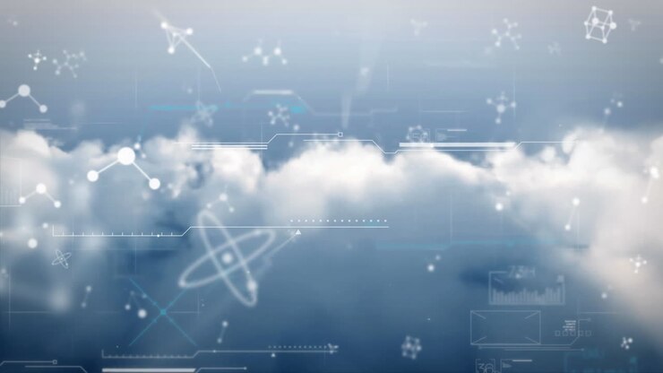 Animation of networks and data processing over cloudy sky