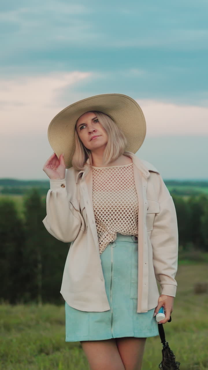 mujer con sombrero de sol sosteniéndolo con una postura mientras la hija en rosa ajusta su propio sombrero, ambos se paran contra un paisaje escénico con colinas verdes onduladas bajo un vasto cielo azul