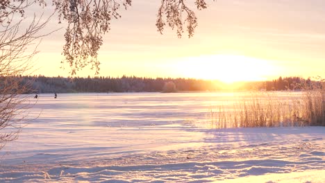 Frosty-golden-sunrise-or-sunset,-Establishing-Wide-Angle-Winter-landscape,-slider-shot