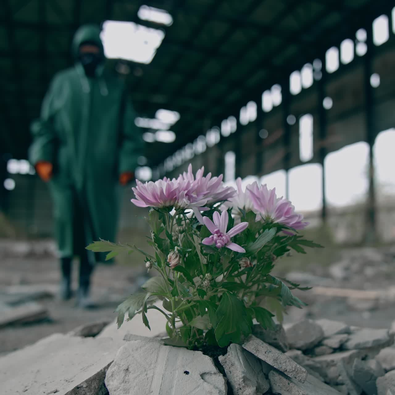 Post apocalyptic survivor in gas mask. Person in gas mask and against abandoned destroyed industrial buildings