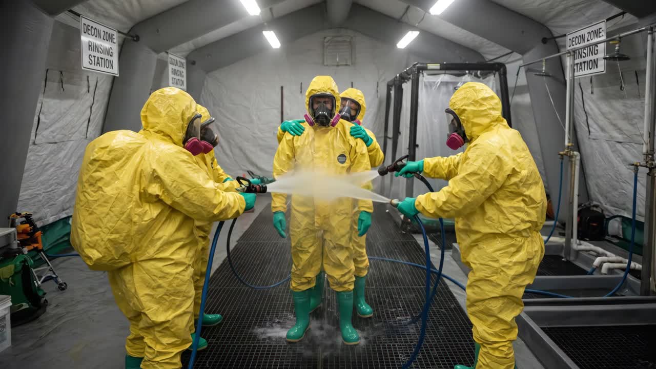 Team med arbeidere i vernebekledning som gjennomgår dekontaminering på en skyllestasjon