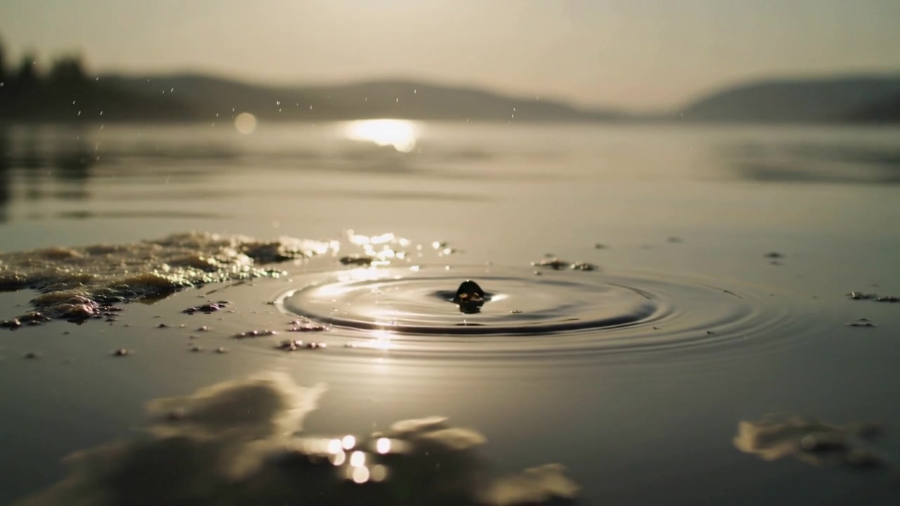 Impatto di una goccia che forma anelli concentrici su un lago illuminato dal sole, con petali in movimento e un riflesso luminoso