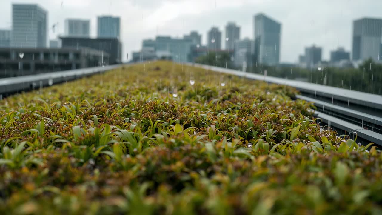 Starting tracking, camera pushing along green roof strip on rooftop, toward skyline via metal rails