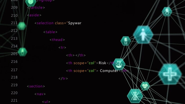 Animation of two spinning globes of medical icons and data processing against black background