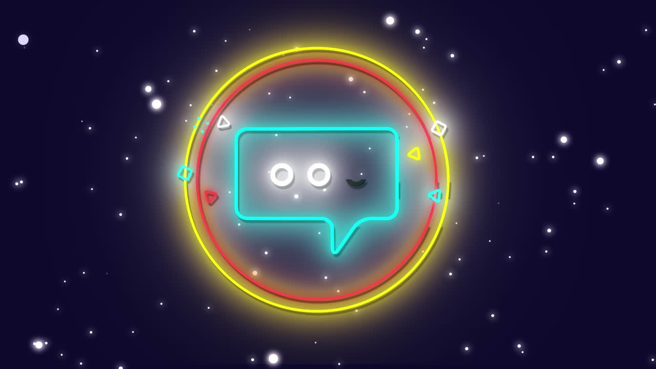 Animazione di un'icona di messaggio digitale al neon blu tremolante in un cerchio luminoso