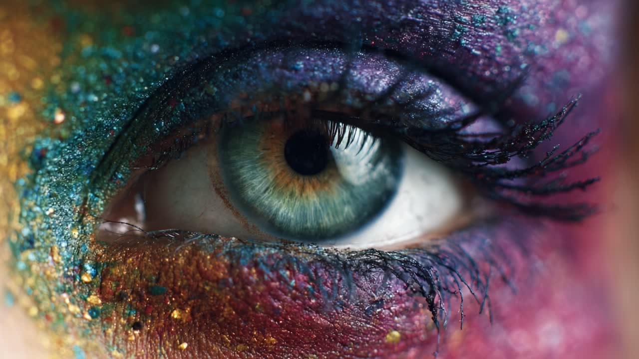 Captivating Eye with Vibrant Colorful Makeup and Glitter, Showcasing the Beauty and Intricacy of Artistic Eye Makeup Techniques in a Close-Up Photography