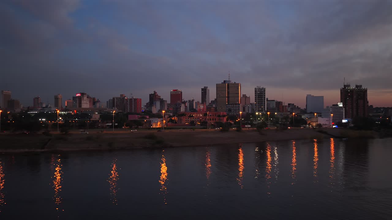Nighttime View Of The City Of Asuncion, The Capital Of Paraguay - Drone Shot