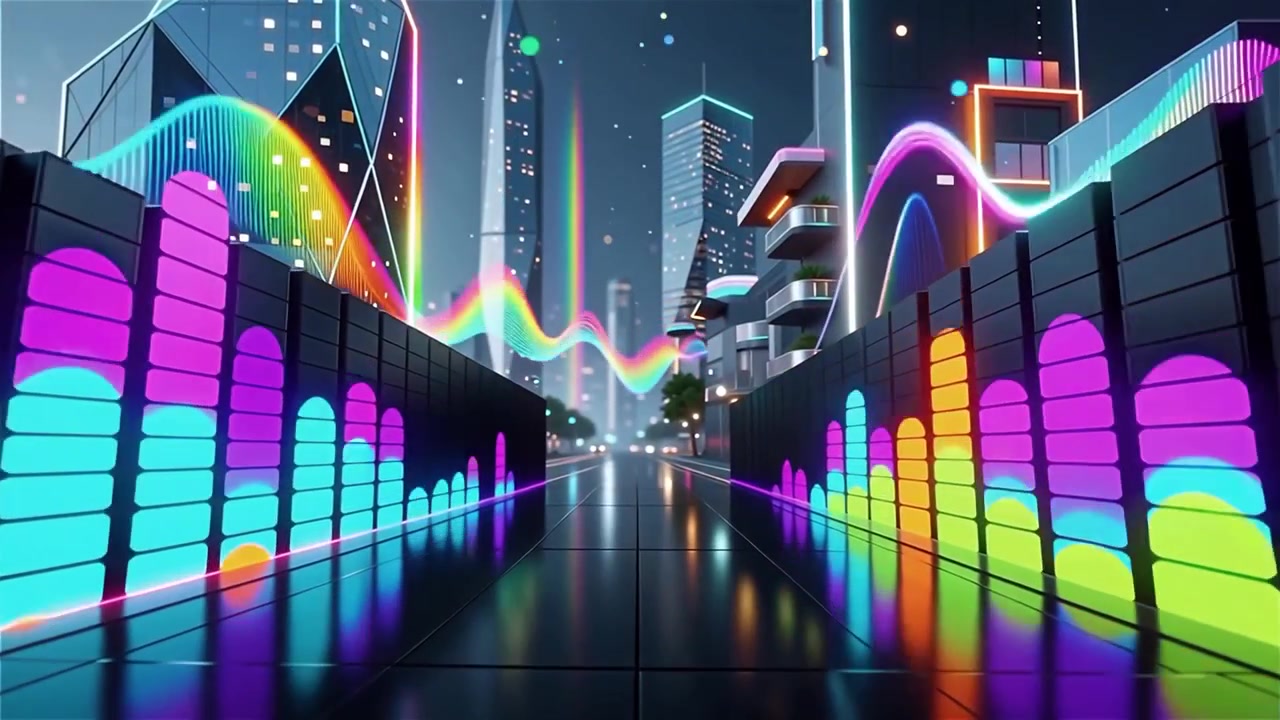 Fundo Futurista com Visualizador de Equalizador de Música Neon Arco-Íris.