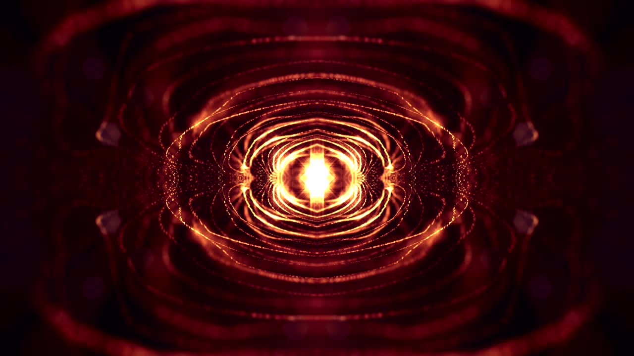 animación de bucle 3d como fondo de ciencia ficción de partículas brillantes con profundidad de campo y bokeh para bucle vj. las partículas forman línea y cuadrícula de superficie. v11 oro rojo