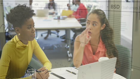 Discutiendo-En-La-Oficina,-Mujeres-De-Negocios-Con-Datos-Financieros-Y-Animación-De-Tipos-De-Cambio-De-Divisas