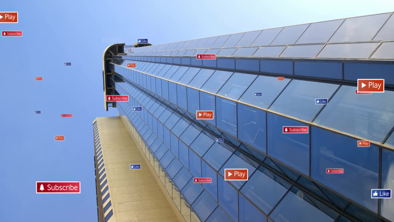 Play and subscribe buttons animation over skyscraper with reflective glass windows