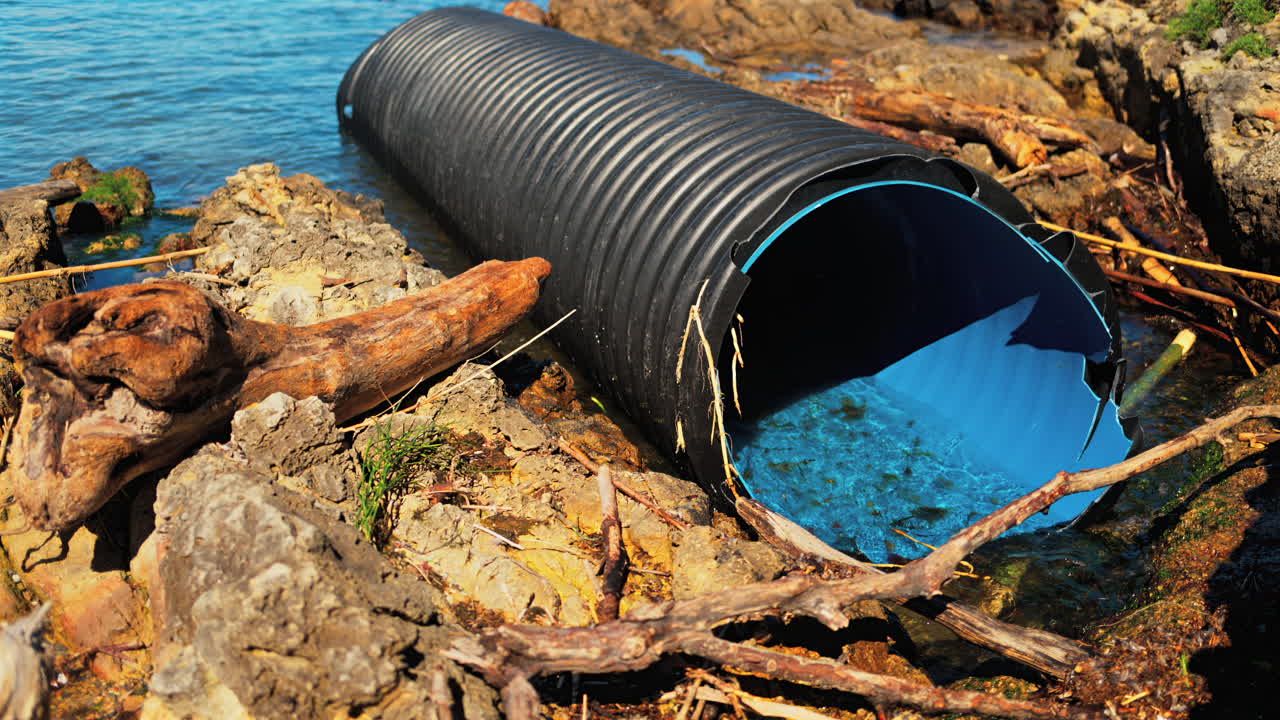 Large corrugated plastic drainage pipe discharging into a rocky shoreline or coastal area