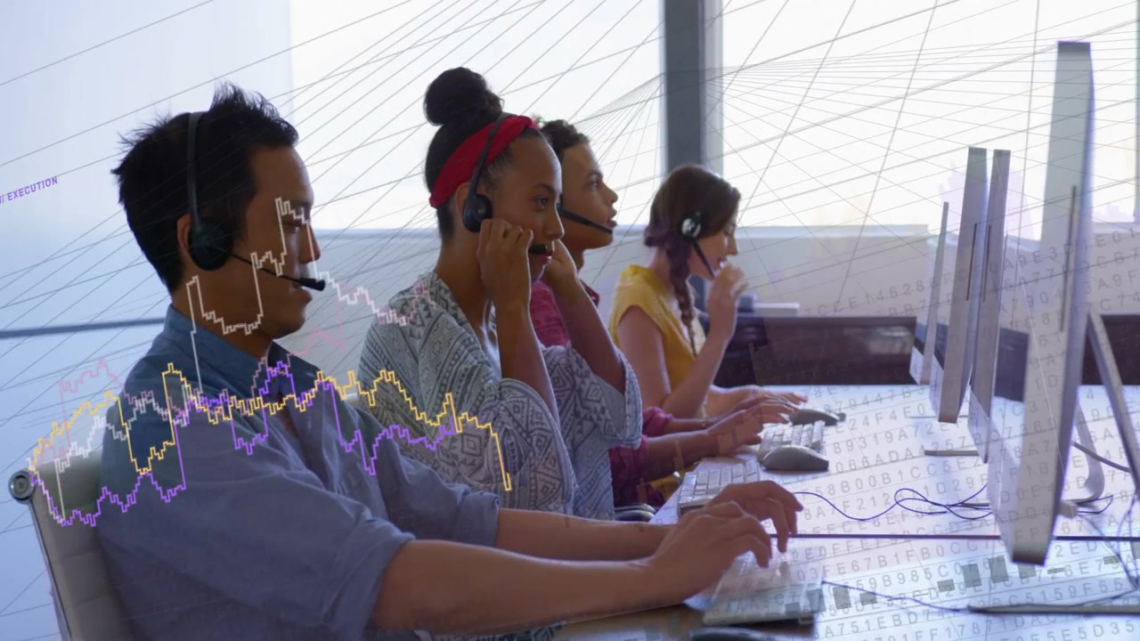 Camera moving showing support agents typing as animated graphs sweeping across desk showing metrics