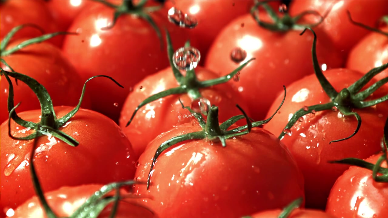 Acqua che schizza su pomodori rossi freschi al rallentatore