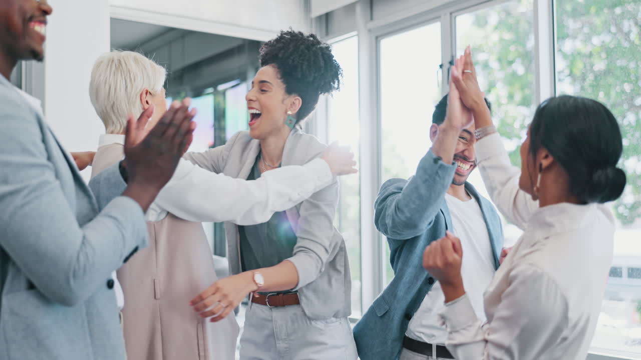 Celebration, hand stack and happy business people