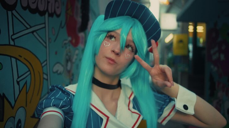 Foto di cosplay anime in un vicolo