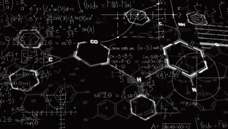 animation of element diagrams over mathematical equations on black background