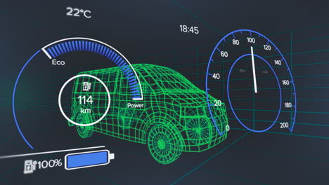 animación de velocímetros con icono de batería sobre el patrón de cuadrícula contra un fondo negro