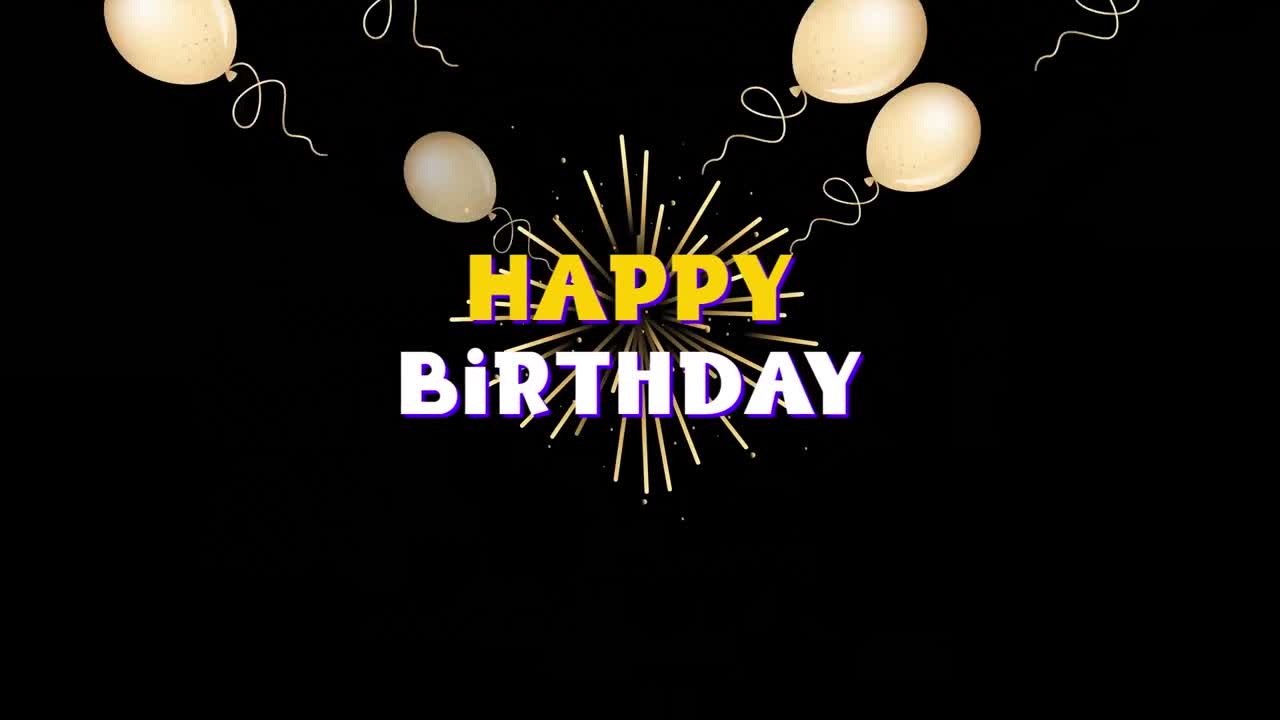 animación de texto de feliz cumpleaños sobre fuegos artificiales y globos en fondo negro.