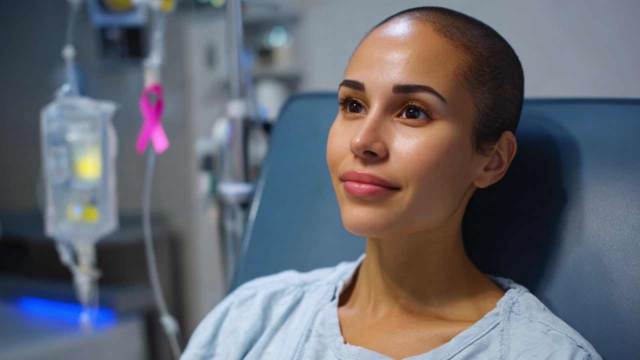 Un momento di riflessione in un ambiente ospedaliero con una donna con la testa rasata che guarda pensierosa verso l'alto mentre riceve una terapia endovenosa, evidenziando resilienza e forza nei momenti difficili