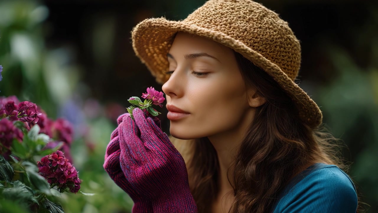 Una Donna con un Cappello di Paglia che si Gode il Profumo dei Fiori, Vivendo un Momento di Tranquillità e Connessione con la Natura, Sottolineando Bellezza e Serenità