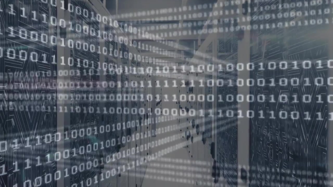 Binary streams appearing and scrolling over server racks after opening frame to visualize data flow