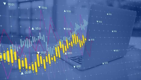 Animation-of-statistical-data-processing-over-grid-network-against-laptop-on-office-desk