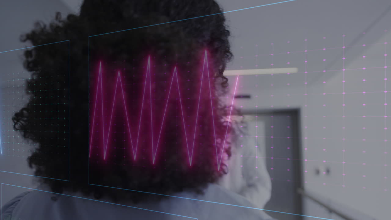 animación de monitor de ritmo cardíaco sobre afroamericano hombre y mujer médico discutiendo en el hospital