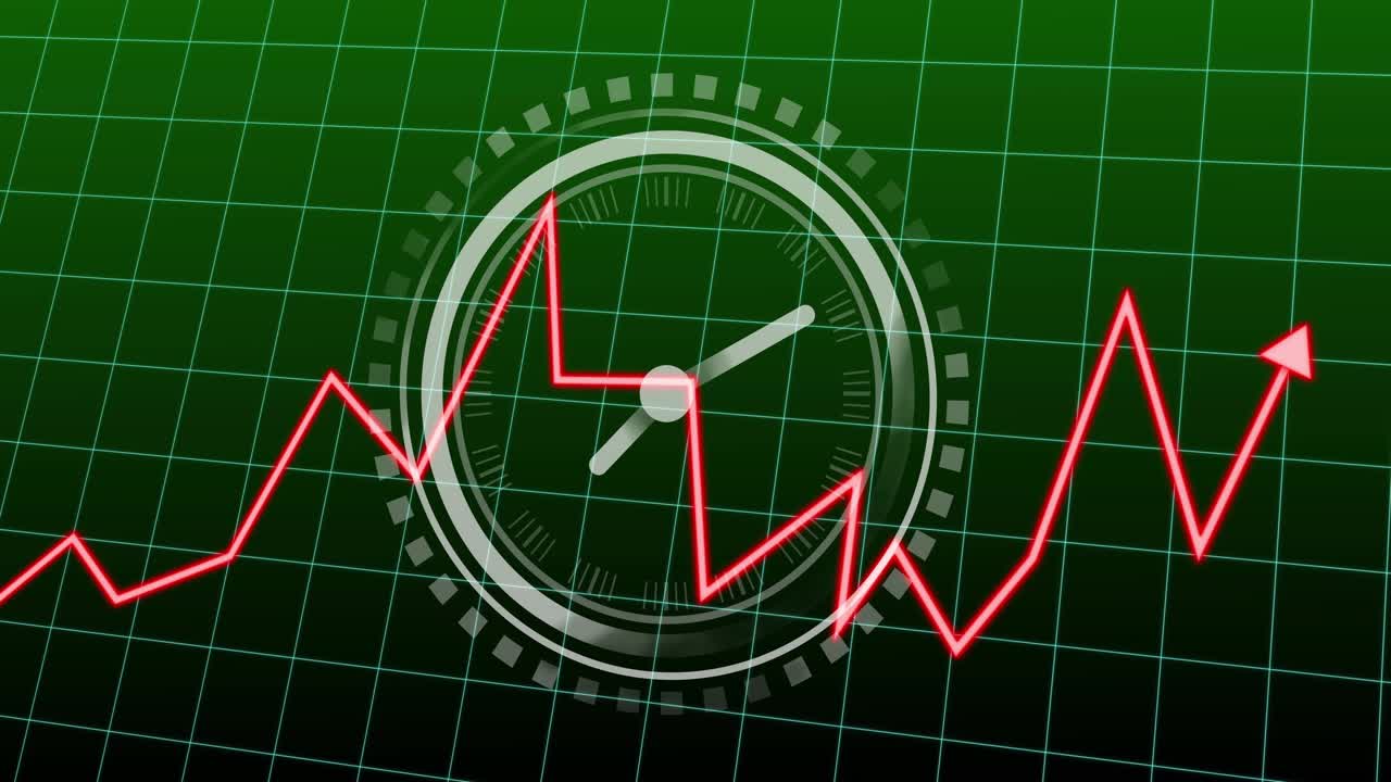 Linea frastagliata rossa che entra da sinistra, intersecando un HUD a orologio, con anelli e un'onda pulsanti, che indica una tendenza al rialzo.
