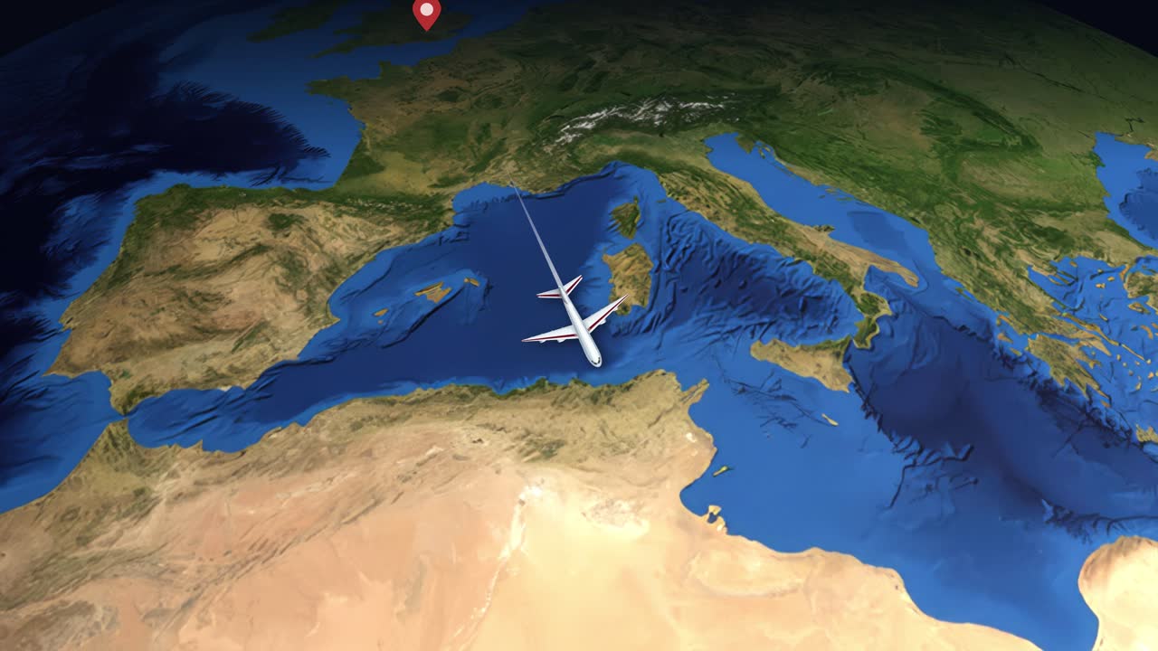 Uydu görüntüsü animasyonu, Londra'dan Afrika üzerinden Johannesburg'a uçan ticari bir uçağı takip ediyor.
