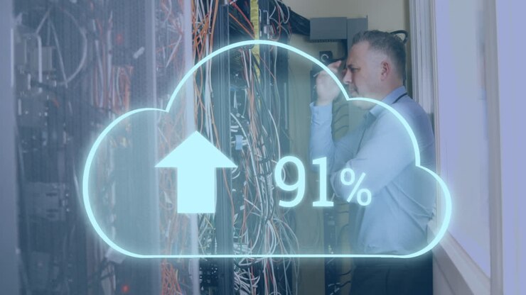 Animation of cloud with increasing number over wires and servers