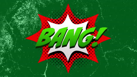 animación de texto de bang en burbuja de habla retro y procesamiento de datos en fondo verde.