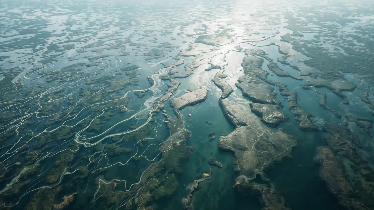 Advancing drone revealing braided channels and mudflats at estuary to show detail, sun glinting