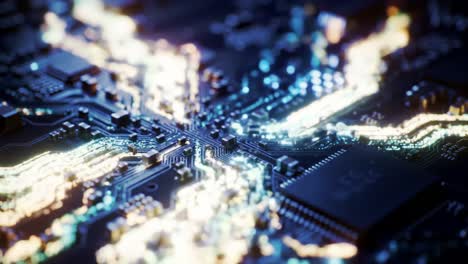 a stunning close-up of a modern circuit board showcasing intricate pathways and illuminated connections, highlighting the complexity of technology