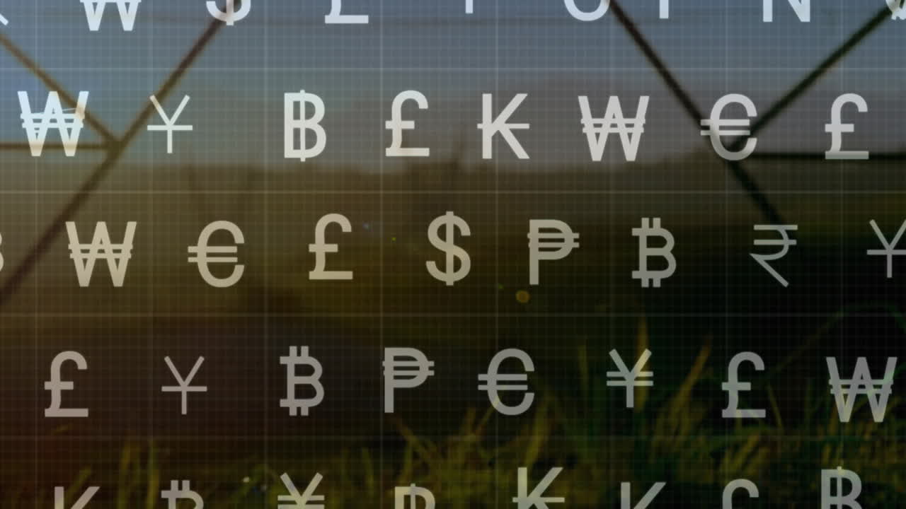 Displaying flat design grid of global currency and crypto symbols overlaying sunrise field fence