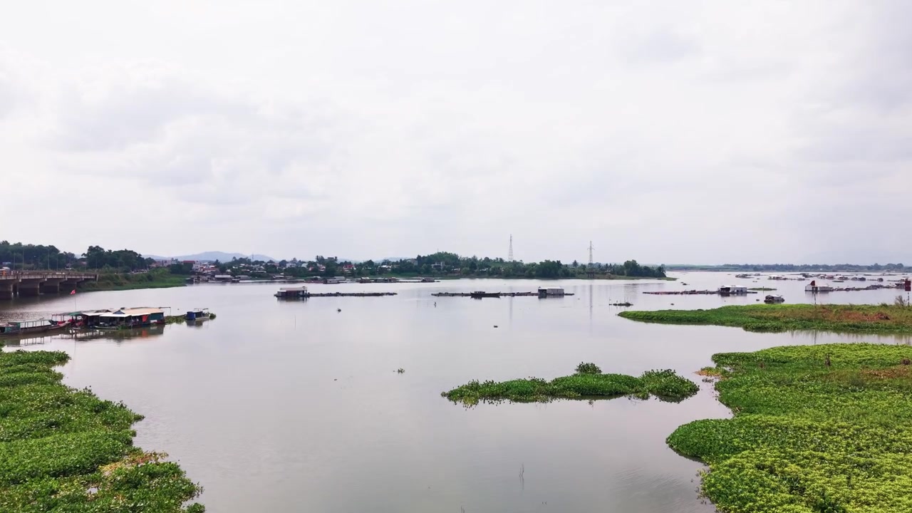 Guarda il fiume che scorre sotto il ponte La Nga a Dong Nai. Osserva la vegetazione lungo l'acqua e i dintorni tranquilli durante il giorno in questa località.