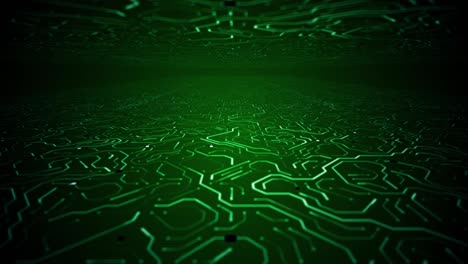 endless travel over deep green circuitboard room background loop