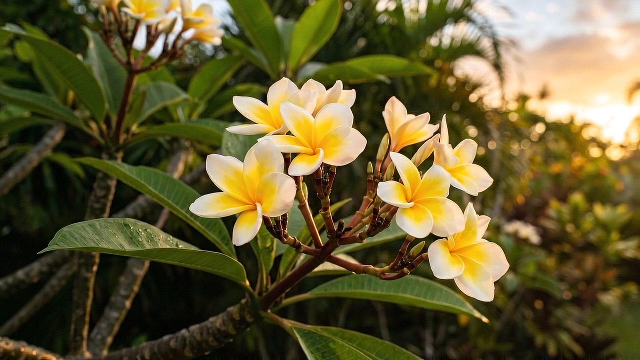 Bellissimi fiori di Plumeria che sbocciano in un giardino tropicale al tramonto