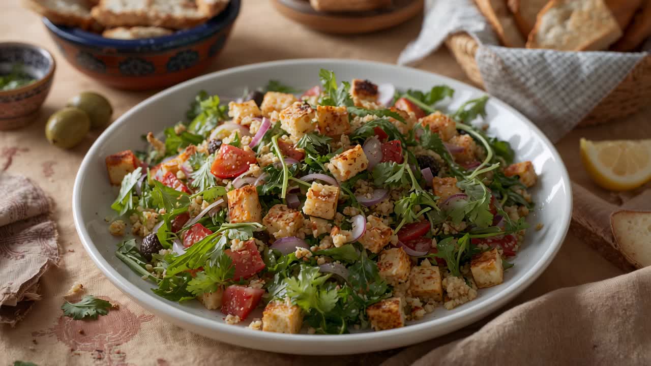 Alejándose, la cámara revela una ensalada en un cuenco blanco sobre una mesa rústica para mostrar pan y limón