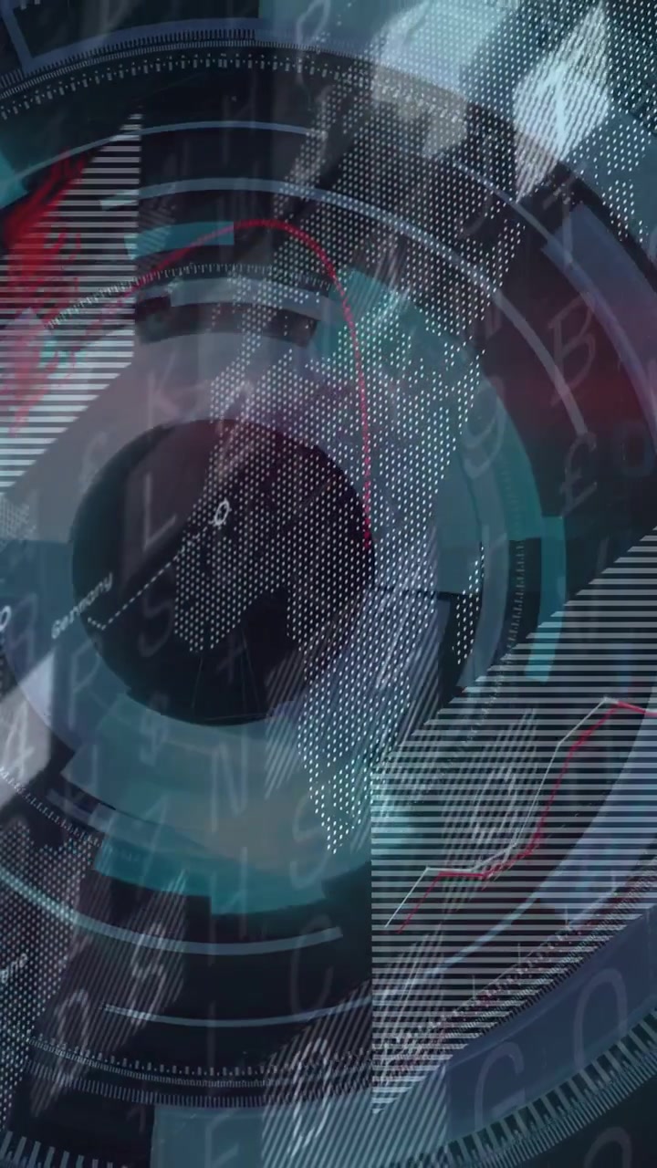 Incoming data feed activating circular HUD, rotating rings pulsing dotted globe for technology
