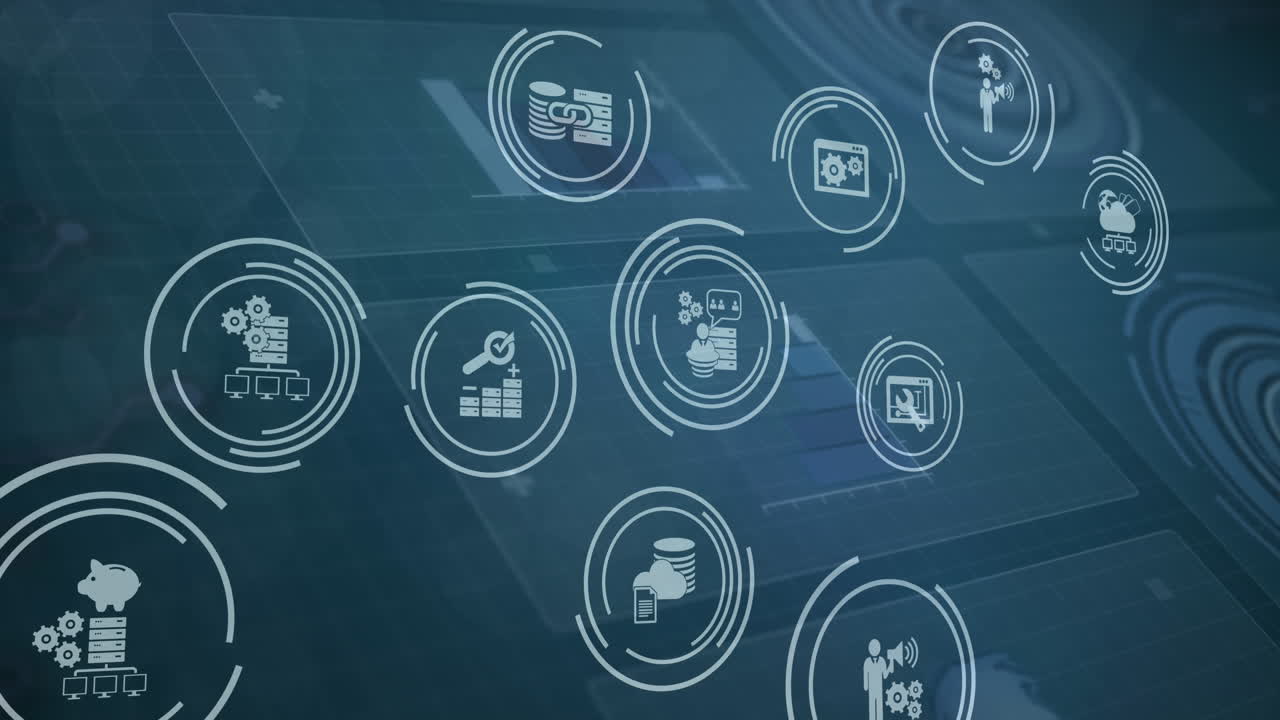 Animation of financial tool icons over digital screens with data processing