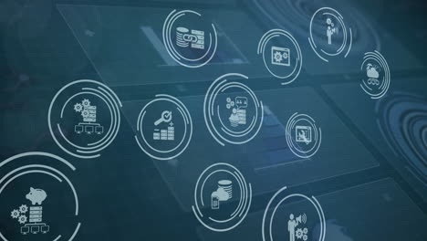 animación de iconos de herramientas financieras en pantallas digitales con procesamiento de datos