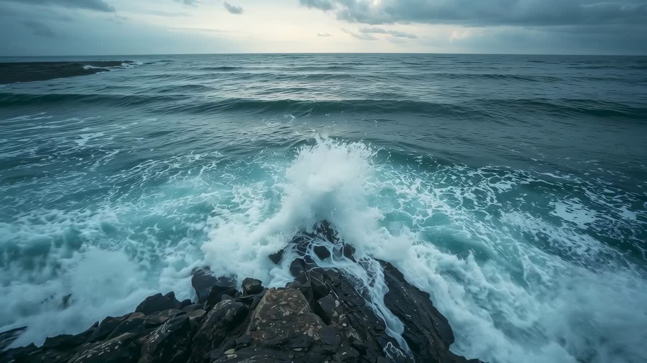 Surging swell coming from horizon, colliding with rocky outcrop at coast, sending foamy spray