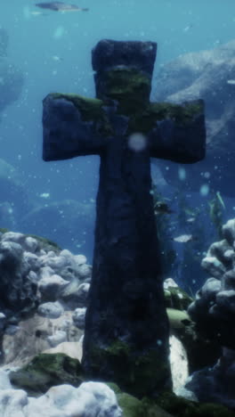 submerged cross in underwater coral reef