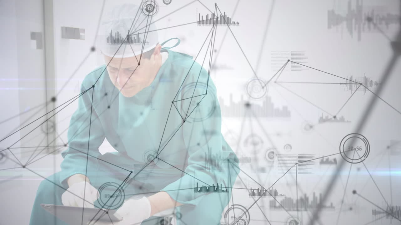 태블릿을 사용하는 백인 남성 외과 의사에 대한 연결 네트워크의 애니메이션