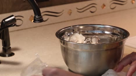 Close-up-of-woman-breaking-up-bunch-of-fresh-oyster-tree-mushrooms-into-a-metallic-bowl-in-RV-kitchen