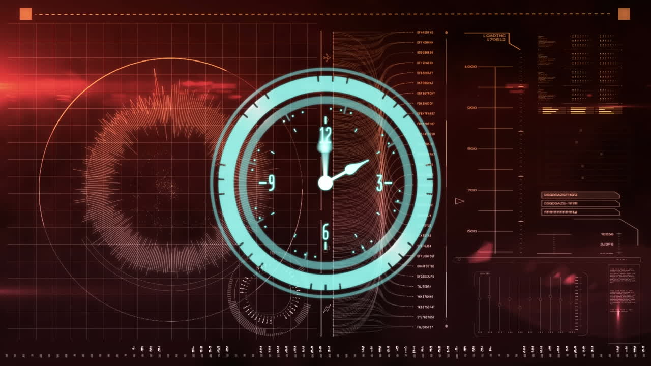 animación de escaneo de alcance con reloj sobre el procesamiento de datos sobre fondo rojo
